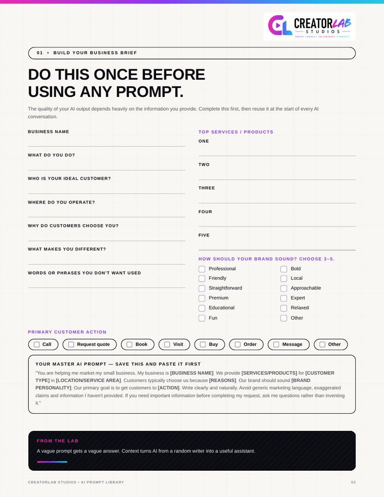 Workbook page: the business brief worksheet used before running any AI prompt