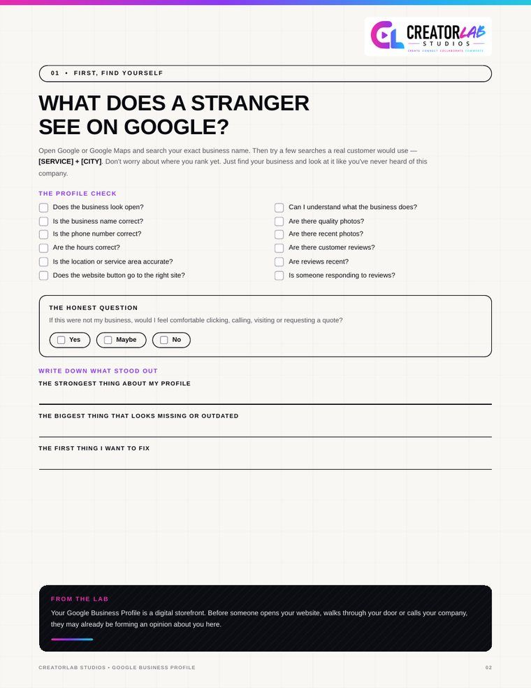 Workbook page: Google Business Profile check, asking what a stranger sees on Google