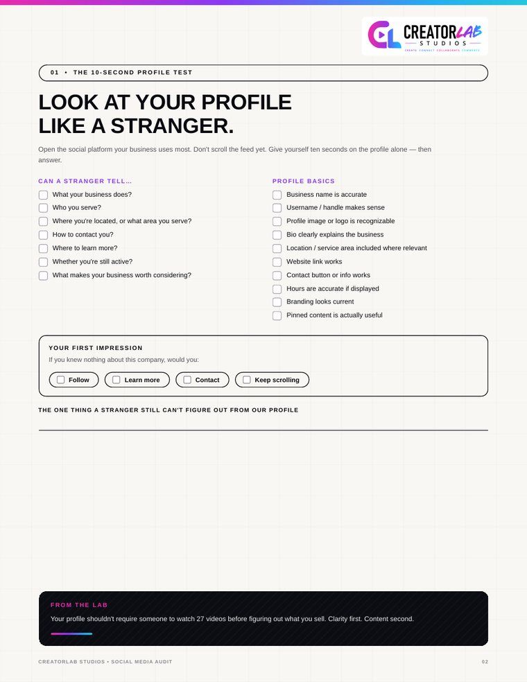Workbook page: the ten-second social profile test and profile basics checklist